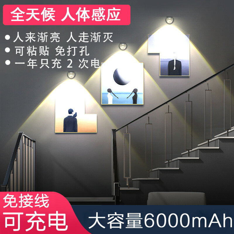 免運 免接線LED人體感應燈 無線過道樓梯玄關射燈走廊樓道充電門牌壁燈