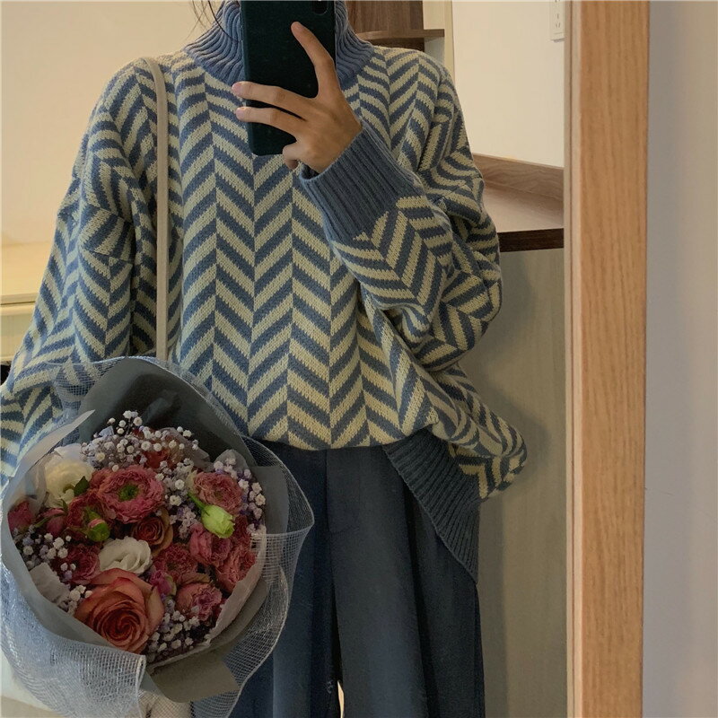 秋裝復古寬松外穿毛衣外套女百搭顯瘦長袖針織衫上衣1入
