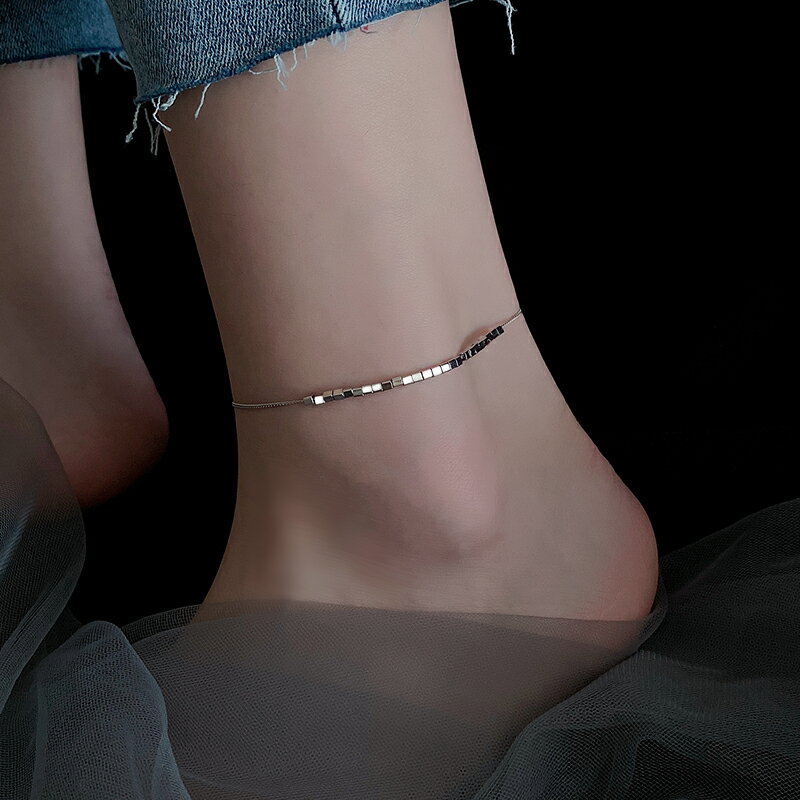 925純銀方塊腳鏈女生2021新款潮ins小眾設計高級感性感足鏈腳踝鏈