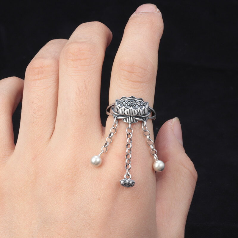 S925純銀蓮花流蘇年年有余戒指女復古開口食指指環小眾設計高級感
