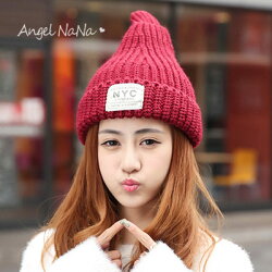 毛帽。 AngelNaNa 。韓版NYC字母 貼布 尖尖奶嘴 保暖 女 針織帽【HA0009】