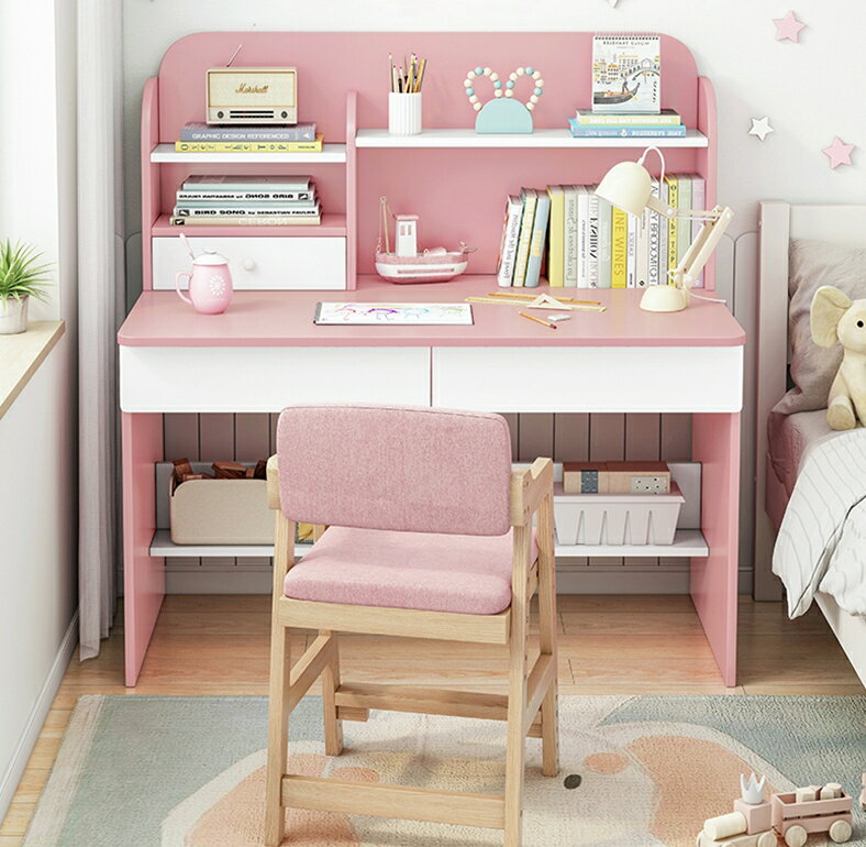 兒童學習桌女孩臥室家用現代簡約書桌書架一體桌小戶型寫字桌椅