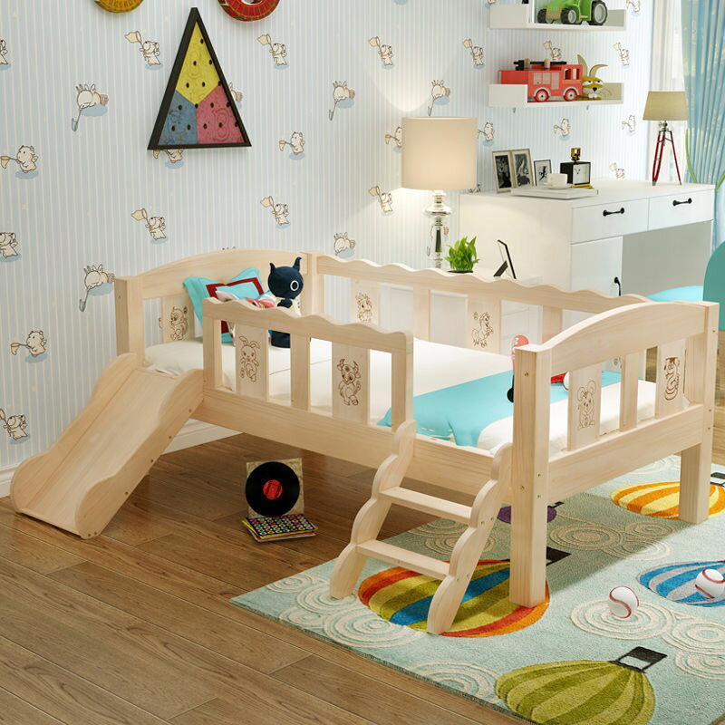 免運 可開發票 兒童床帶護欄實木拼接床男孩女孩嬰兒床寶寶床滑滑梯床