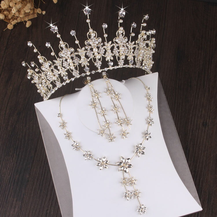 網紅原創熱賣新娘套鏈結婚飾品淺金色珍珠水鉆皇冠項鏈耳環三件套