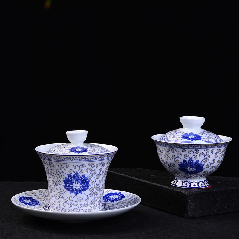 陶生活蓋碗茶杯琺瑯彩銀蓮花陶瓷泡茶碗功夫茶具茶壺白瓷三才蓋碗