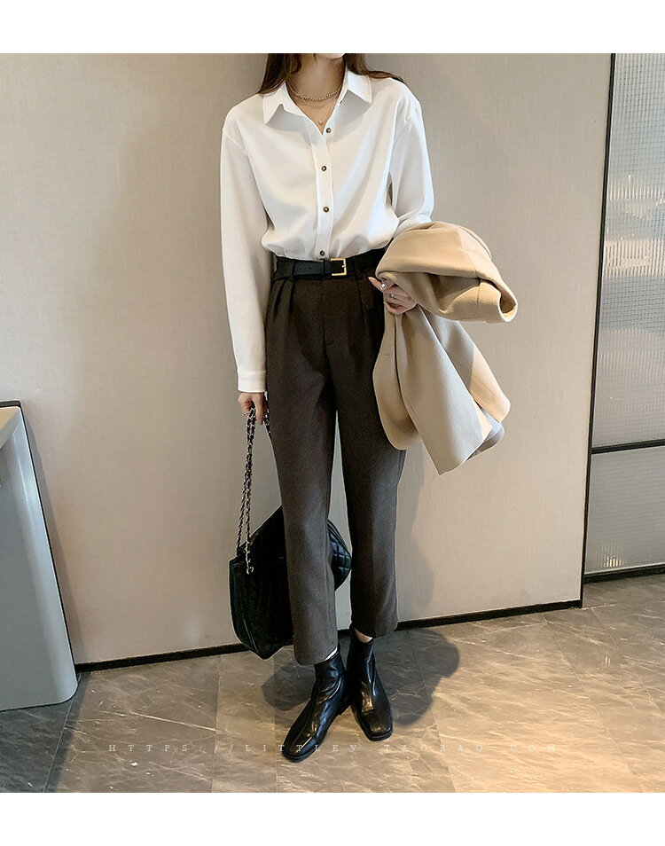 女裝 外套 韓系風 氣質上衣 韓版  襯衫女秋冬疊穿設計感上衣燈芯絨復古港味長袖磨毛白襯衣外套 6