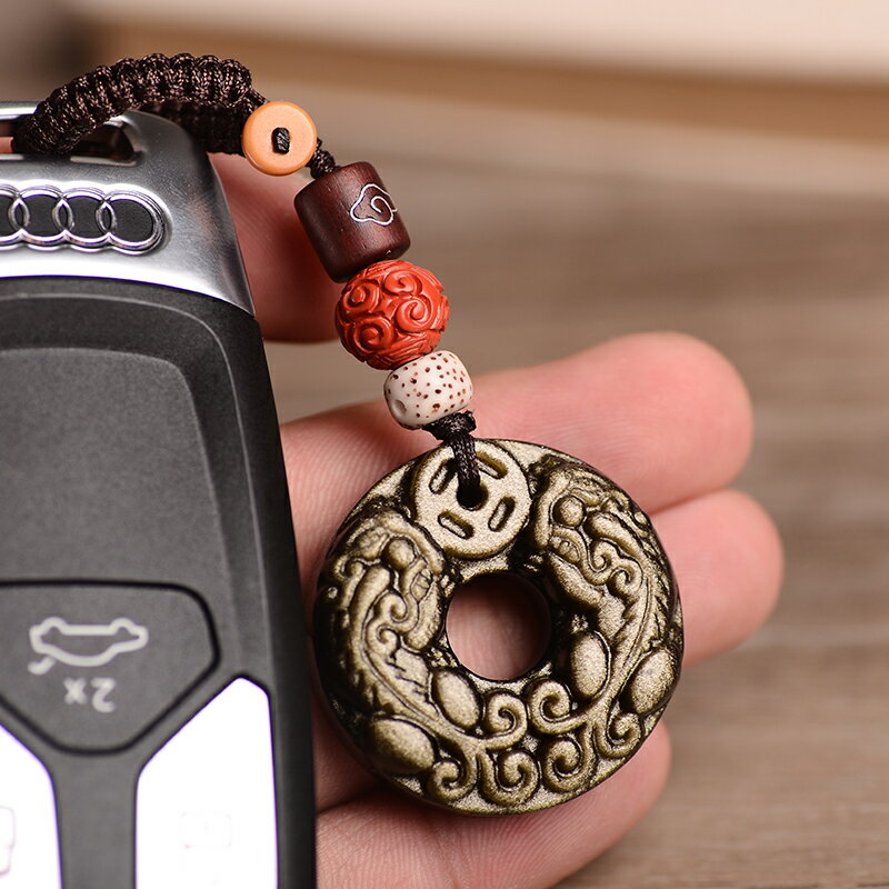 天然金曜石貔貅鑰匙掛件原創個性男平安扣男款汽車鑰匙扣掛件玉石