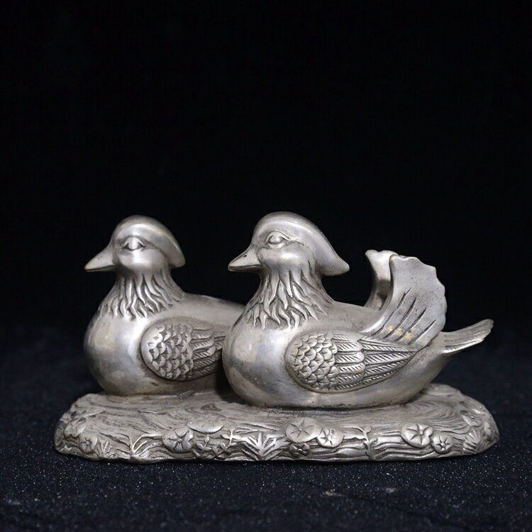 包郵古玩古董銅雜件精工白銅雕刻鴛鴦戲水 納福裝飾擺件收藏