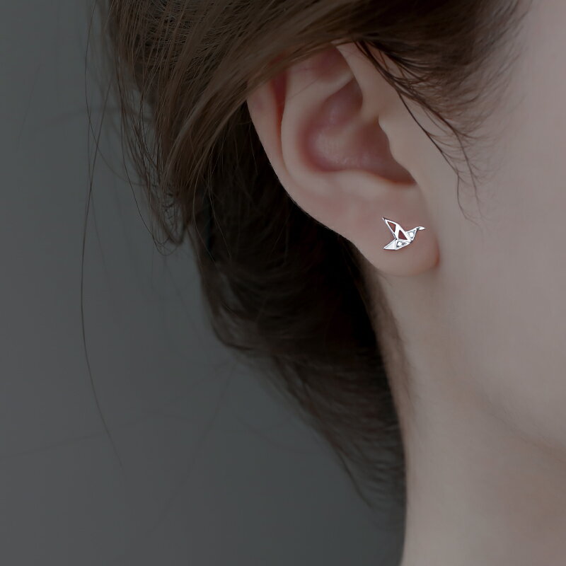 925純銀千紙鶴耳釘女夏季2021年新款可愛性冷淡風耳環小動物耳飾