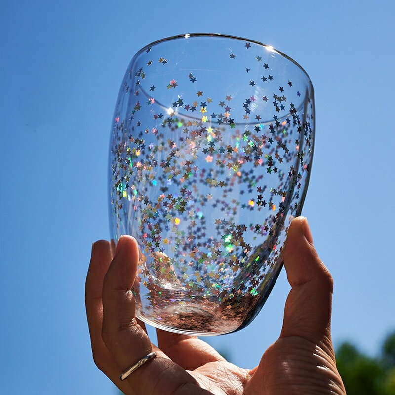 [Hare.D]星空雙層玻璃杯 300ml 星星閃片 真空保溫杯 保溫隔熱杯 高硼矽耐熱杯 造型杯 耐熱玻璃杯