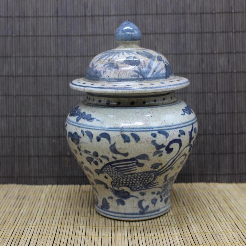 明青花穿花鳳紋將軍罐 全手工仿古出土瓷器擺件收藏 古董古玩老貨1入