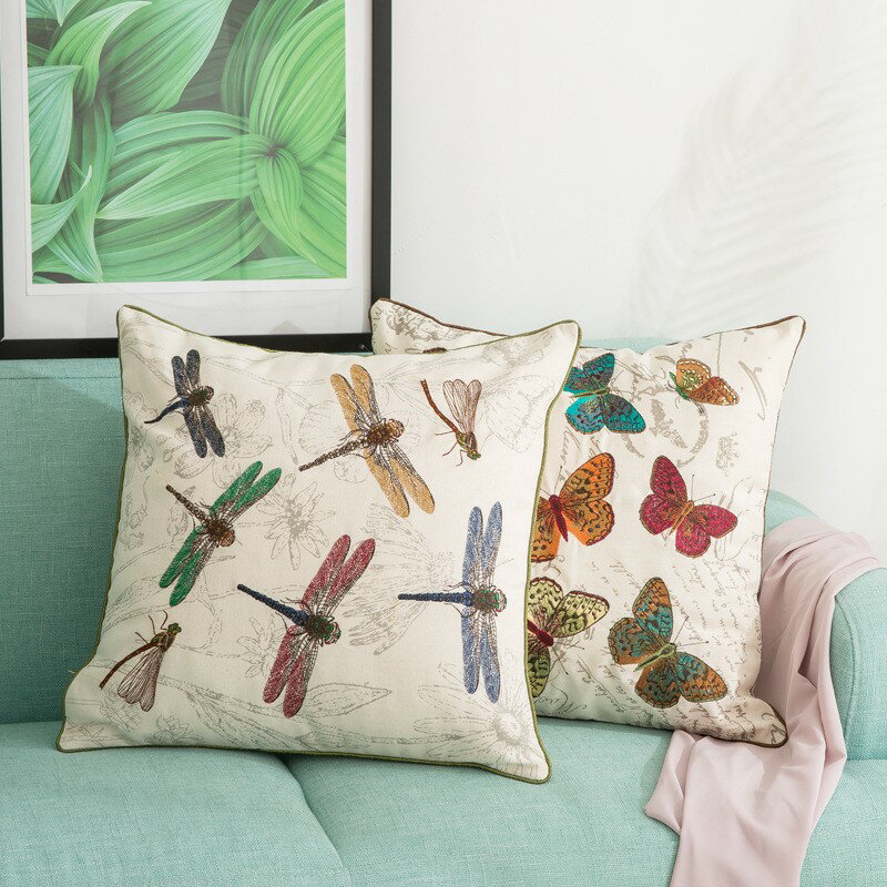 美式亞麻印花蜻蜓蝴蝶刺繡沙發靠墊 家居樣板間棉麻抱枕定制