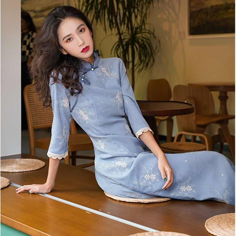 藍色麂皮絨改良旗袍女時尚年輕氣質復古中長款連衣裙時尚百搭秋季新款【聚寶屋】