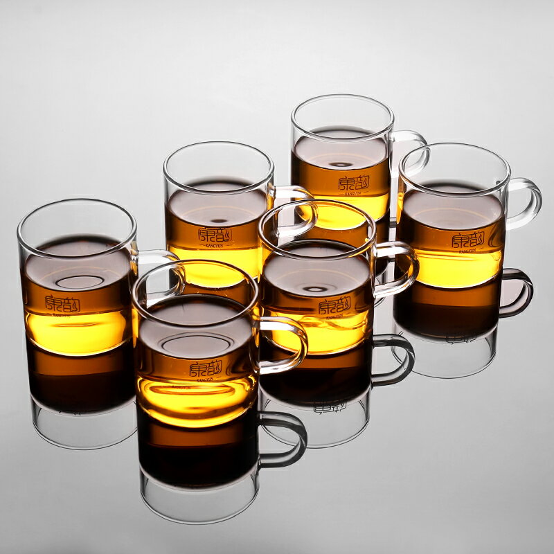 加厚玻璃茶杯帶把透明耐高溫功夫雙層錘紋玻璃杯家用6只裝小套裝