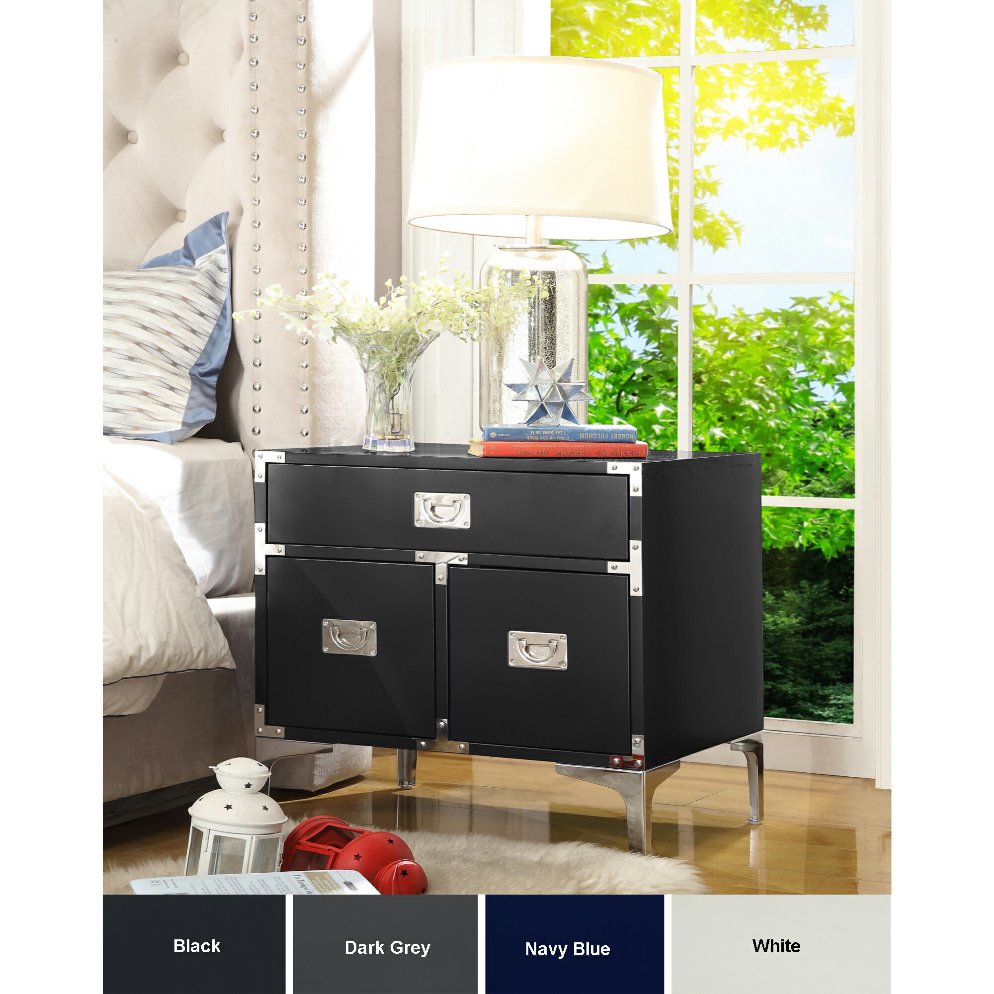 Leon Lacquer Finish Nightstand Chrome Leg Side Table Executive Style Modern Contemporary Inspired Home Sold By Homespot Rakuten Com Shop