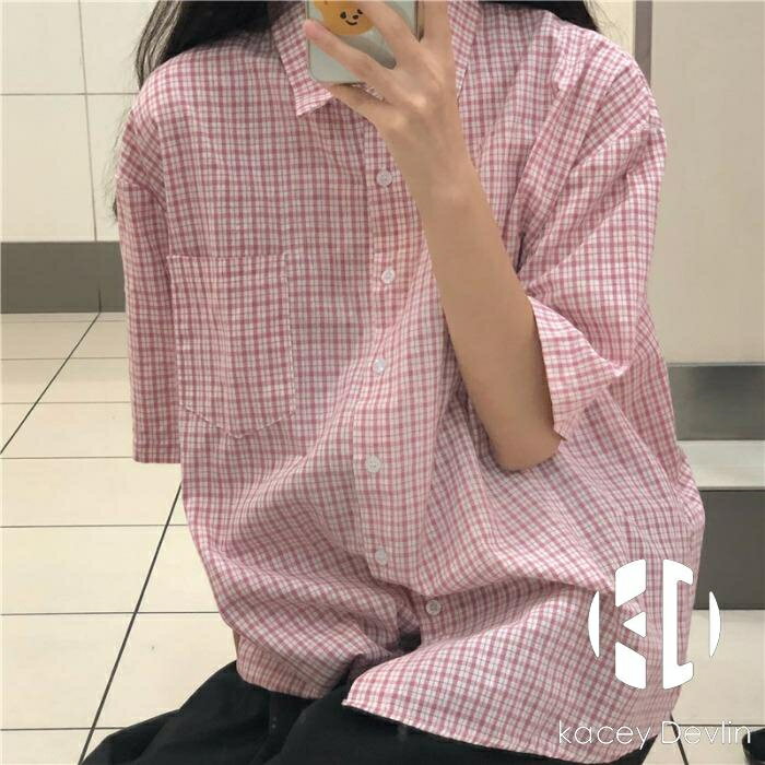 格子短袖上衣女寬鬆襯衫外套【聚物優品】