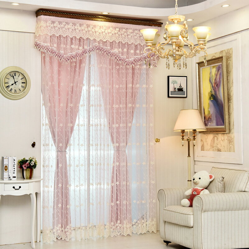 蕾絲公主風繡花紗雙層成品全遮光窗簾定制客廳臥室飄窗簡約現代