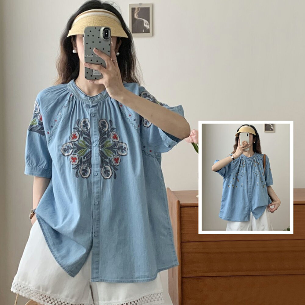 ＊ORead＊日系立領刺繡花朵水洗棉牛仔開襟衫上衣(2色F碼)