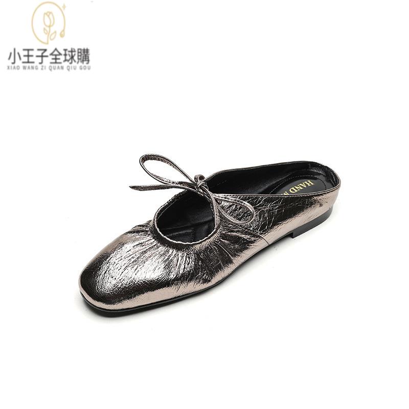 【公司現貨速發】免運 開發票 小短靴 堆堆靴 真皮女鞋 羊皮鞋 小皮鞋 樂福鞋法式復古大碼34-42外穿女涼拖春夏新款圓頭系帶平底羊皮拖 定製
