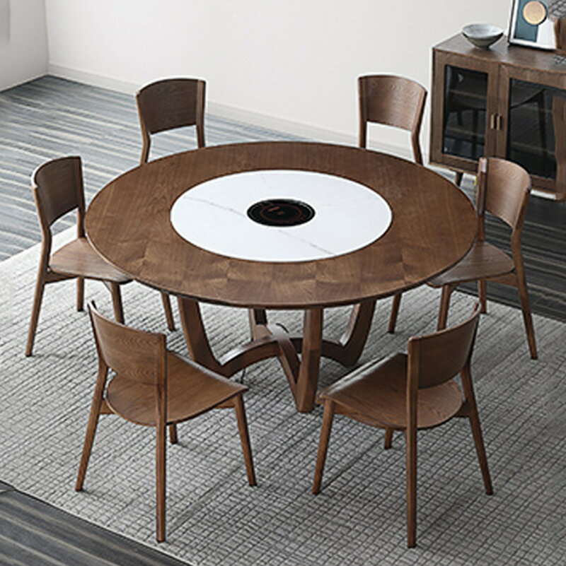 巖板白蠟木餐桌圓形內嵌轉盤現代簡約胡桃色新中式圓餐桌椅組合