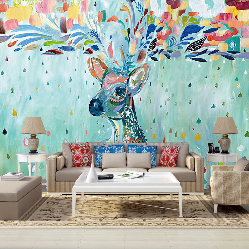 3d北歐手繪彩色麋鹿墻紙客廳電視背景墻壁紙沙發臥室無縫壁畫
