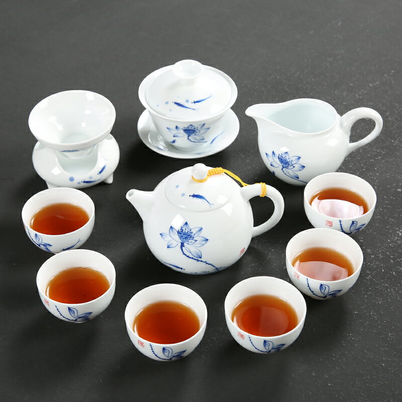 傳藝窯手繪白瓷功夫茶具套裝家用陶瓷蓋碗茶杯6人整套荷花茶道