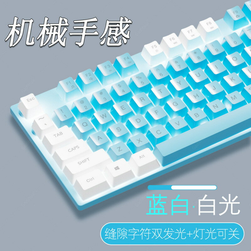 藍白雙拼色機械手感鍵盤滑鼠套裝有線臺式電腦筆電電競遊戲辦公
