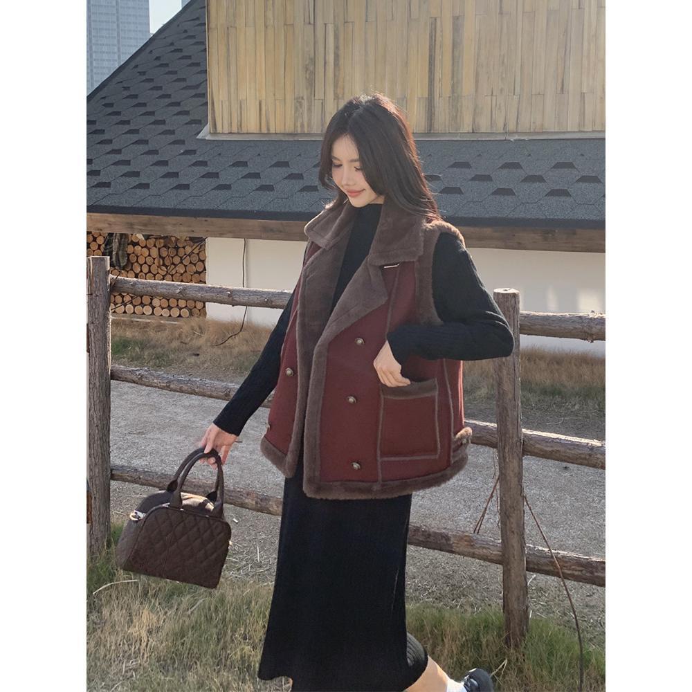 高階感羊羔毛呢馬甲外套女秋冬季大碼胖mm加厚皮毛一體機車服馬夾-享樂