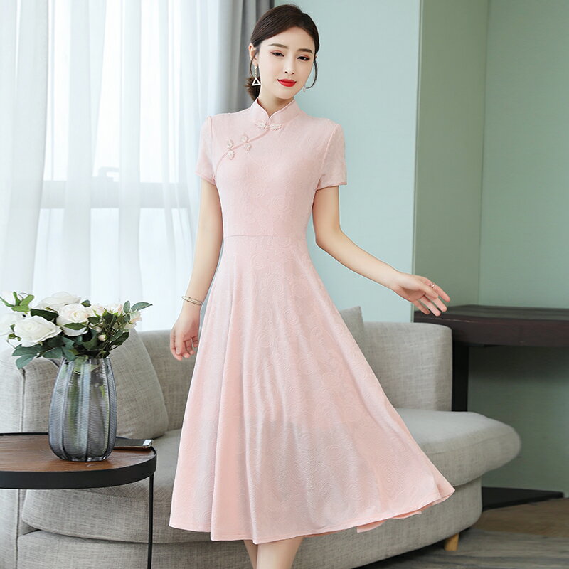 夏裝新款中國風女裝日常改良旗袍修身顯瘦民族風連衣裙短袖1入