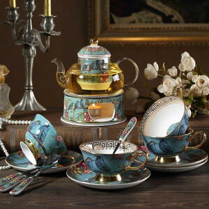 花茶杯套裝 夢幻之藍田園風英式陶瓷玻璃具套裝蠟燭加熱茶壺帶過濾 - 夏洛特居家名品