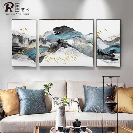 新中式禪意水墨山水裝飾畫三聯壁畫酒店餐廳客廳書房臥室裝飾壁畫