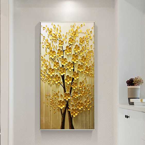 玄關裝飾畫發財樹油畫手繪現代美式走廊過道掛畫定制豎版3d招財樹