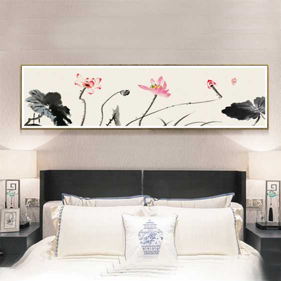 新中式客廳掛畫臥室房間水墨荷花裝飾畫蓮花鳥書房過道中國風油畫