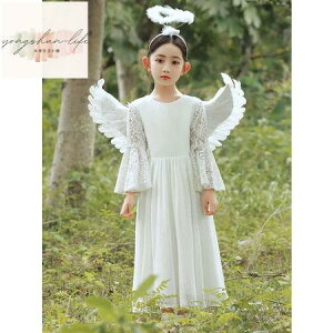 萬聖節服裝 萬聖節兒童服裝女童角色扮演舞會白色小天使表演服公主裙