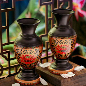 新中式家居佛堂客廳花器裝飾供佛寶瓶觀音凈瓶唐紋彩繪蓮花瓶整對