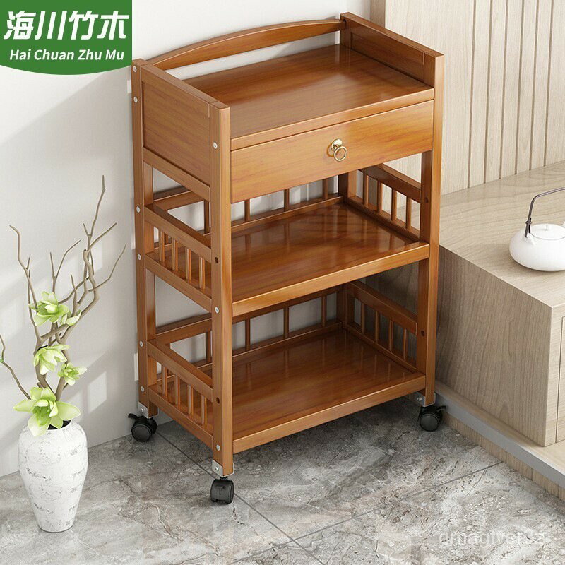 【現貨】收納 木頭層架移動茶車 推車 置物架 新中式 麻將桌 邊幾 茶邊櫃 餐邊櫃 實木 茶臺 茶水櫃