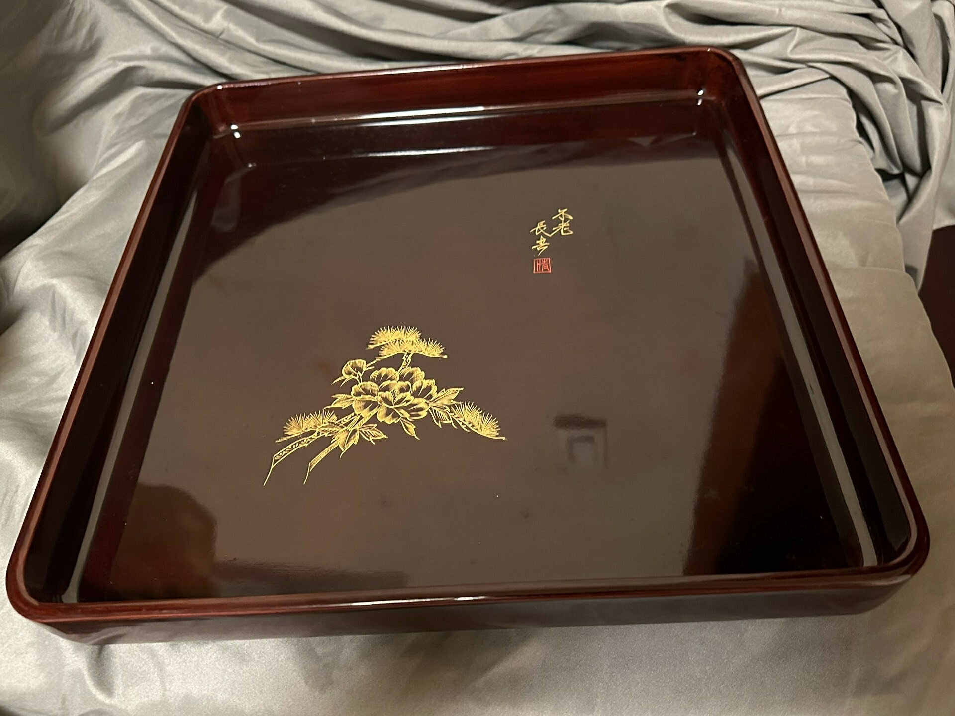 日本中古迴流大正時期老漆器手繪沈金工藝金蒔繪實木茶托盤 四足