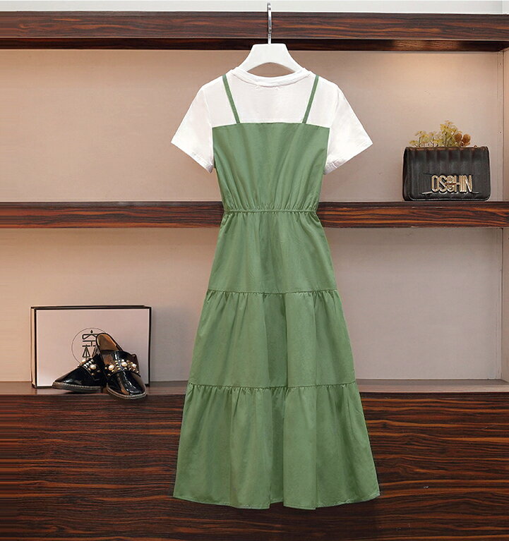 韓系恬靜．吊帶假兩件拼接收腰顯瘦短袖洋裝- shiny藍格子【V3300】 2