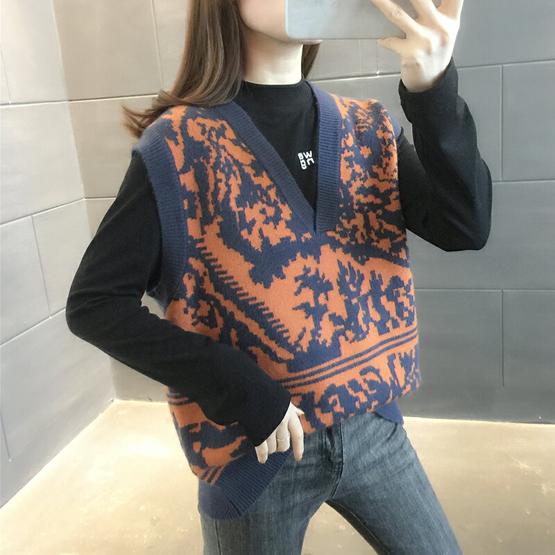 復古v領針織背心女秋冬2021年新款寬松無袖毛衣坎肩短款馬甲外套
