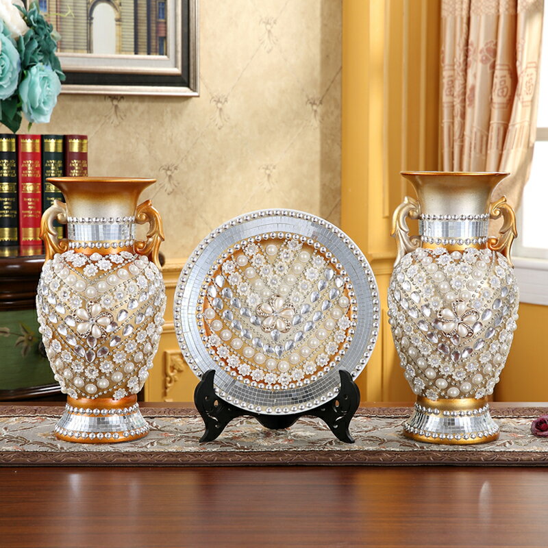 歐式陶瓷花瓶擺件奢華電視柜玄關插花器簡約客廳桌面三件套裝飾品