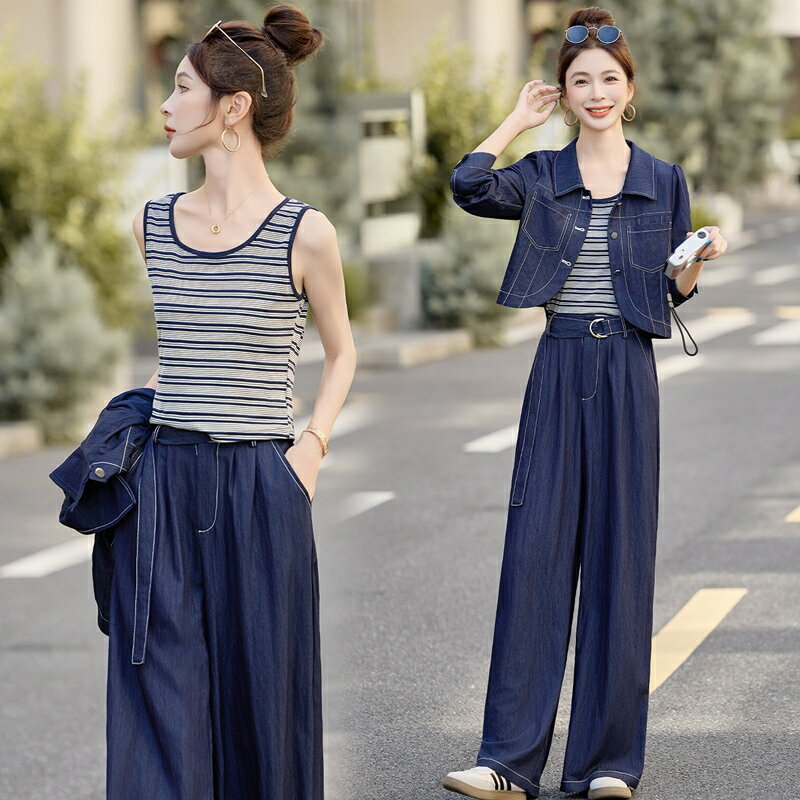 【巴黎精品】現貨+預購 韓風牛仔套裝牛仔外套牛仔褲丹寧夾克女裝-條紋內搭寬鬆牛仔三件套a1ln51