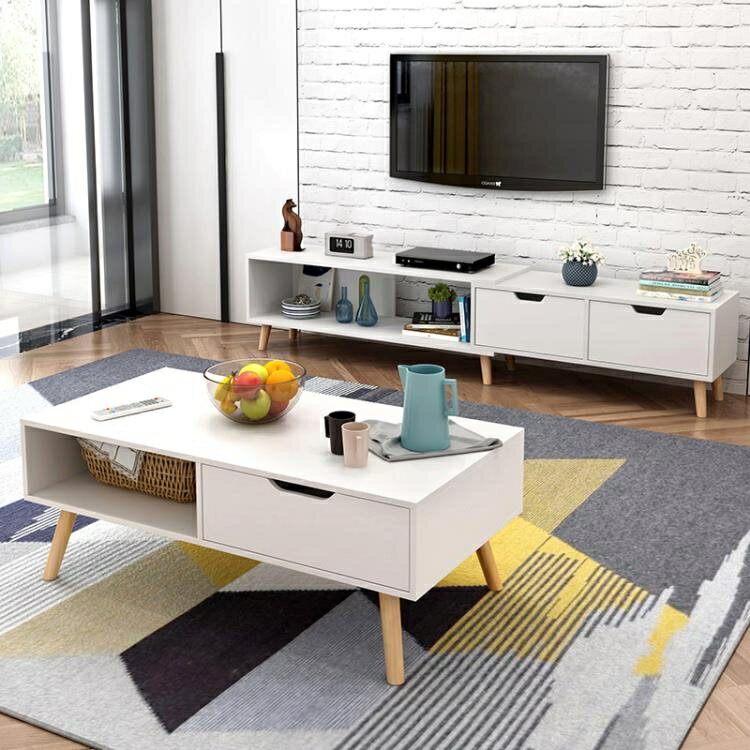 簡約現代電視櫃茶幾組合北歐小戶型客廳家具迷你伸縮地櫃電視機櫃CY 全館免運