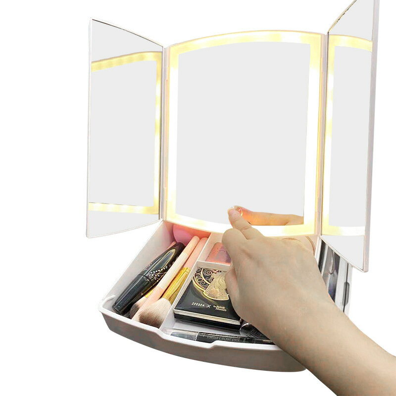 收纳三折台式LED化妆镜触摸调光折叠USB美妆镜梳妆镜化妆盒补光镜