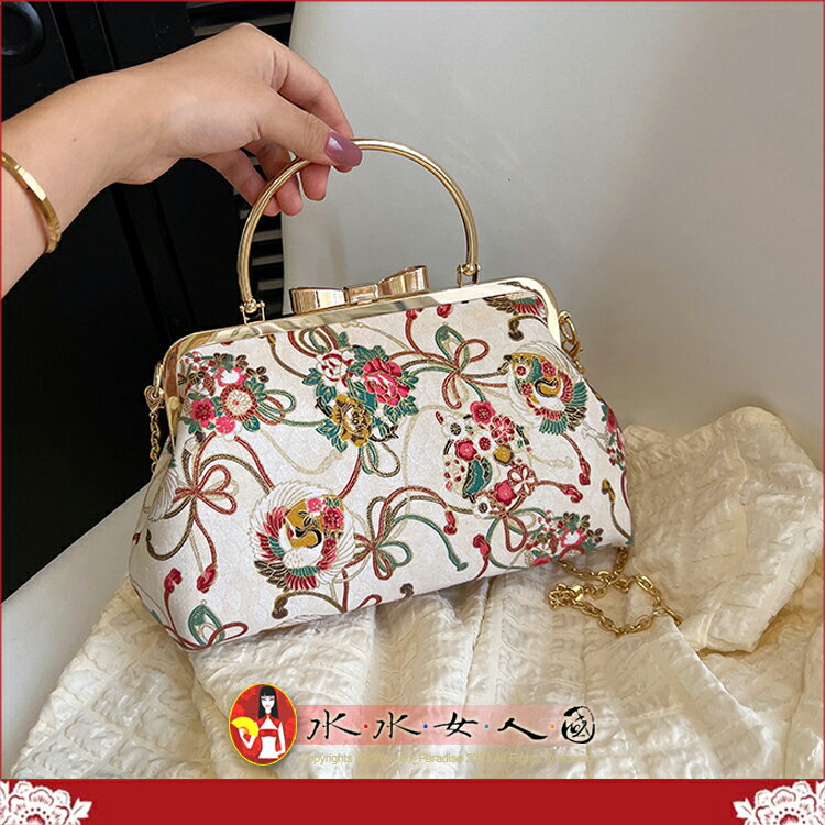 旗袍晚宴包 中國風刺繡手提包 復古新娘手拿包 輕奢單肩女包 質感斜背三用包 百搭場合必備款-鵲怡(白色)-水水女人國