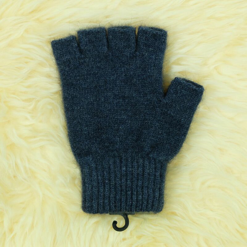 紐西蘭貂毛羊毛半指手套男女保暖輕量露指手套丹寧藍色 登山 滑手機 1