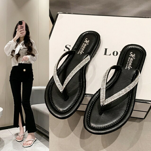 35-42碼 加大尺碼拖鞋 水鑽人字拖鞋 夾腳拖鞋 水鑽拖鞋 防滑平底夾趾涼鞋 平底鞋 櫻桃嚴選 2