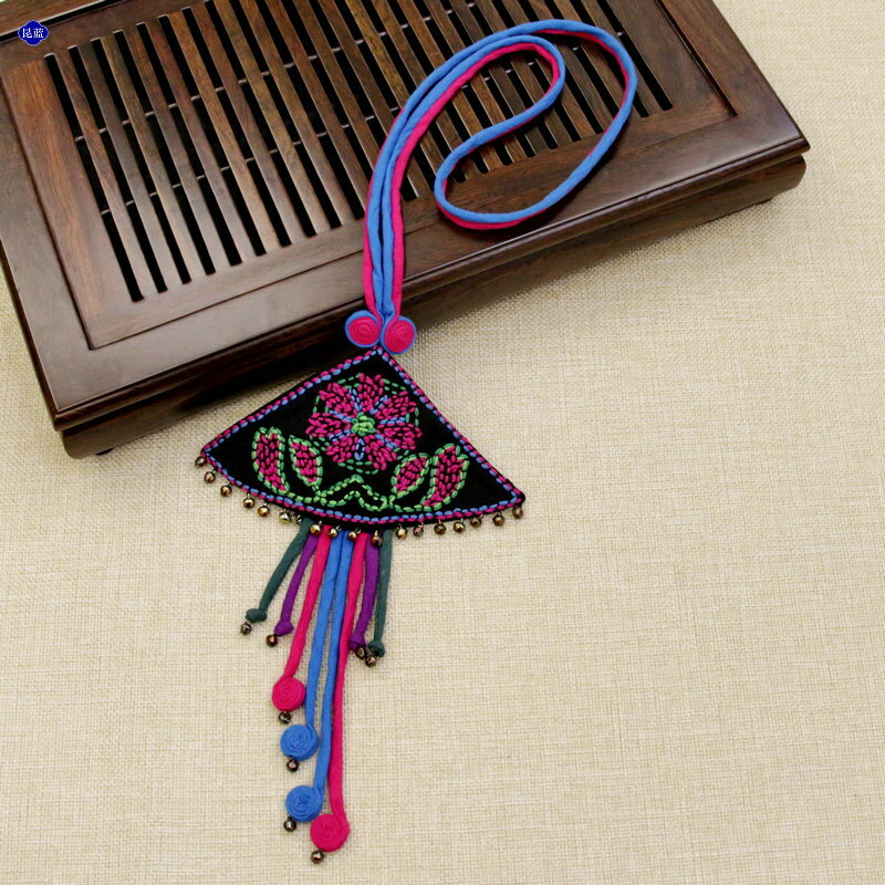 民族風復古傳統手工刺繡鈴鐺款布藝項鏈傳統中國風繡花毛衣鏈配飾