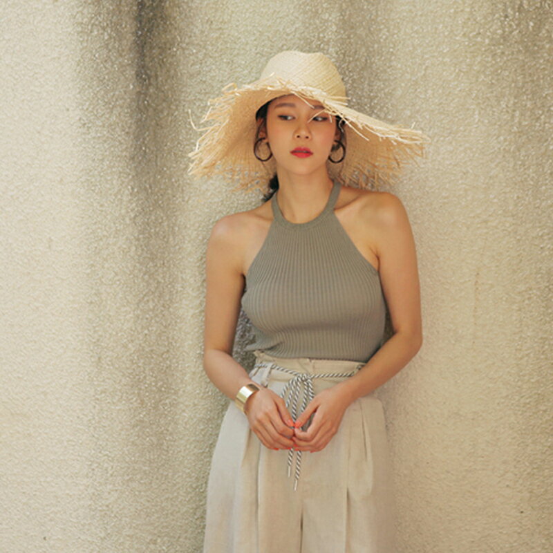 草編帽毛邊平頂大簷拉菲草帽女夏天沙灘帽海邊度假防曬大沿遮陽帽1入