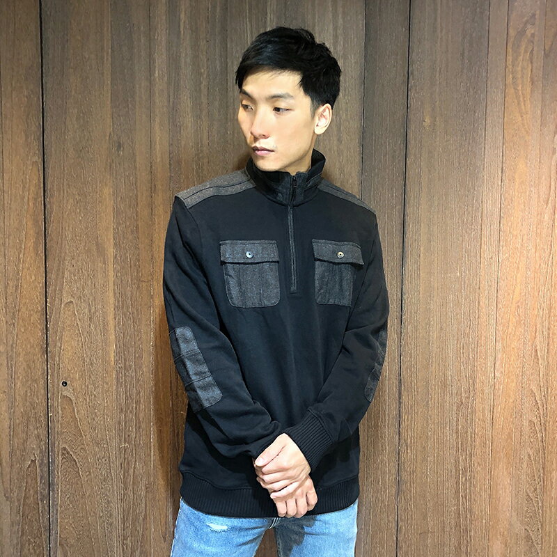 美國百分百【Calvin Klein 】半拉鍊 針織衫 CK 線衫 長袖 雙口袋 厚 素面 男 黑色 M L號 BC80