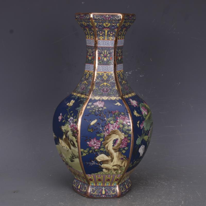 清乾隆爬花描金琺瑯彩花鳥六方瓶仿古瓷器家居中式擺件古董古玩1入| 銀